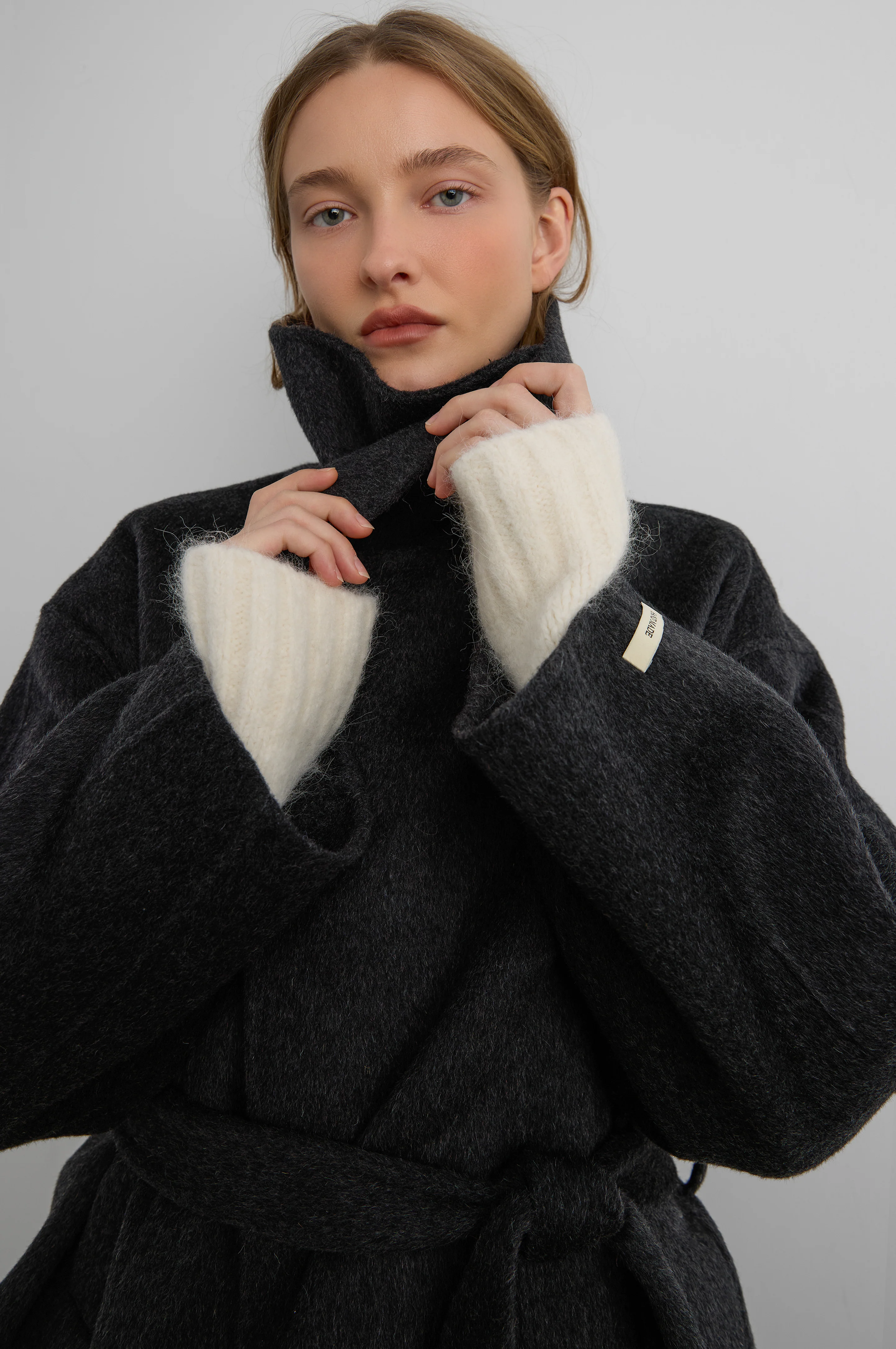 BRUSHED WOOL HAND MADE FUNNEL NECK COAT WITH BELT - Image 2