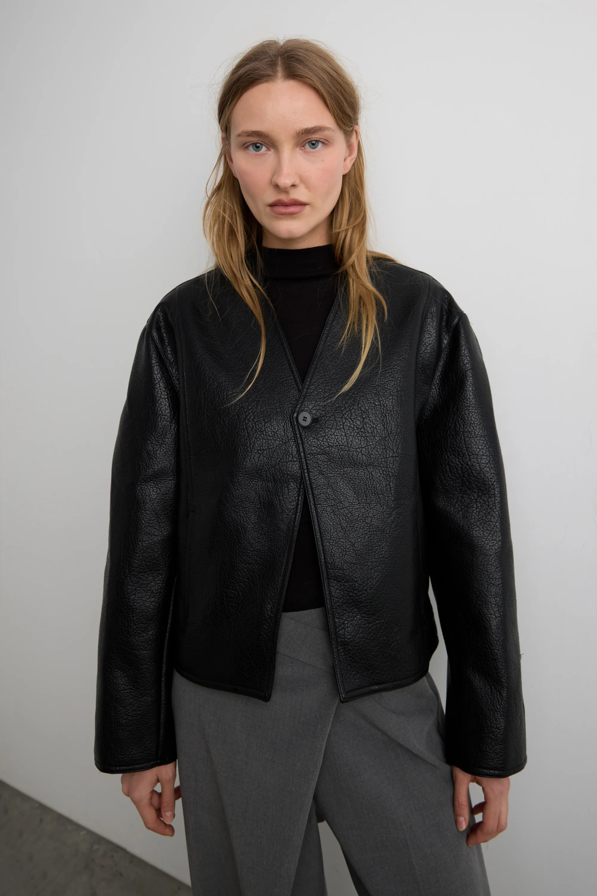 COLLARLESS VEGAN LEATHER JACKET