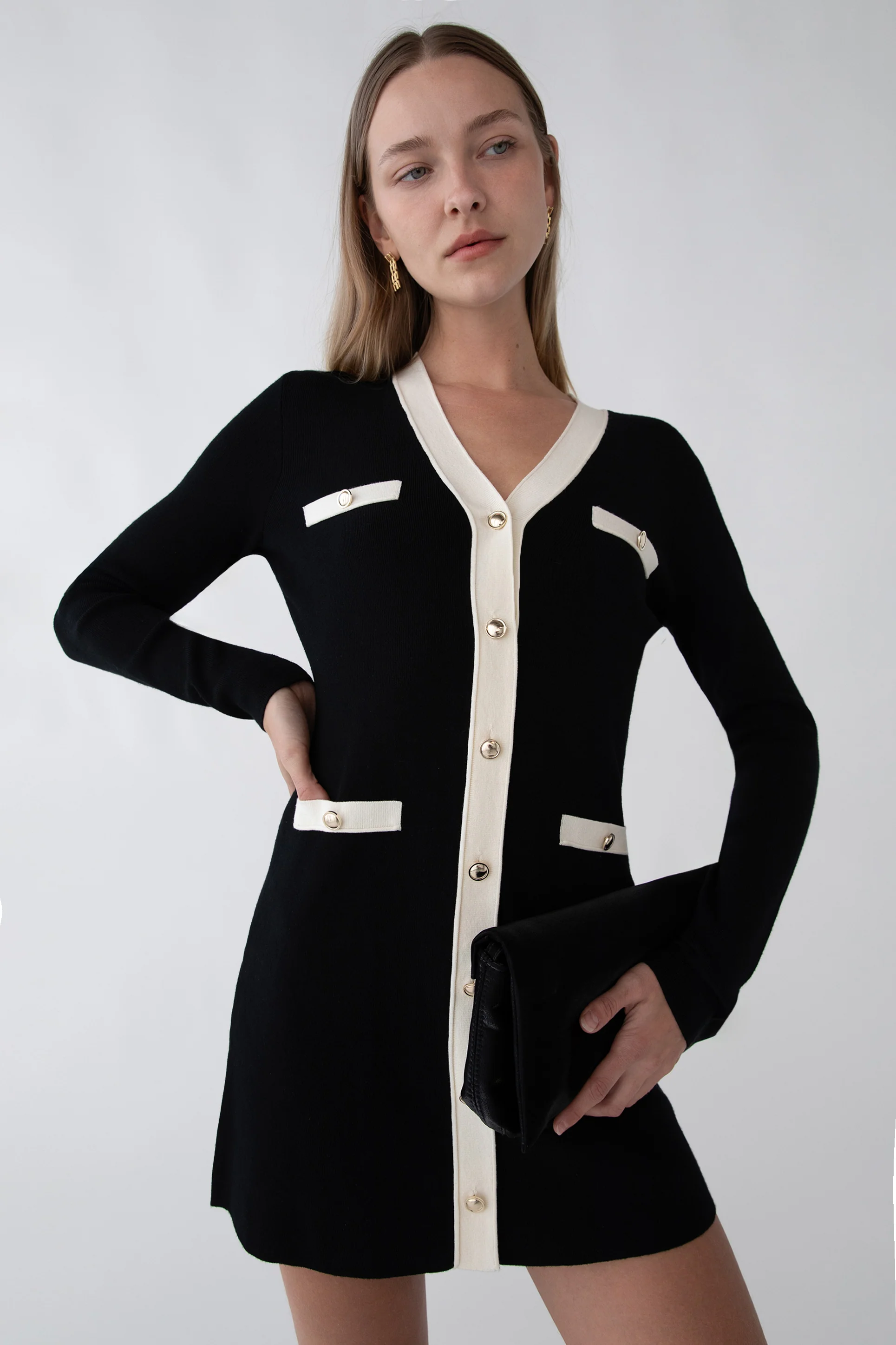 CONTRAST TRIM BUTTON FRONT KNIT MINI DRESS - Image 3