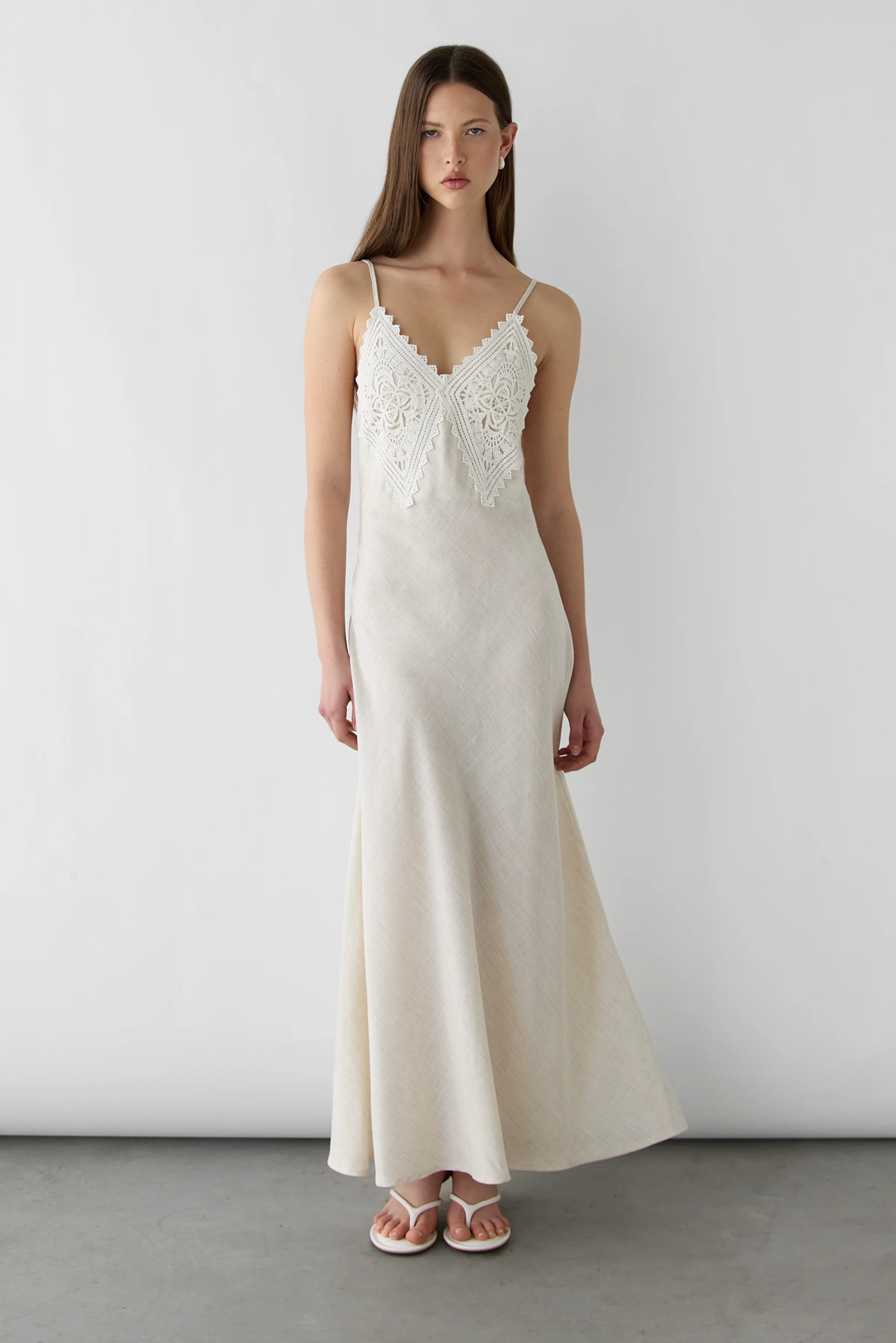 EMBROIDERED LACE SATIN SLIP DRESS