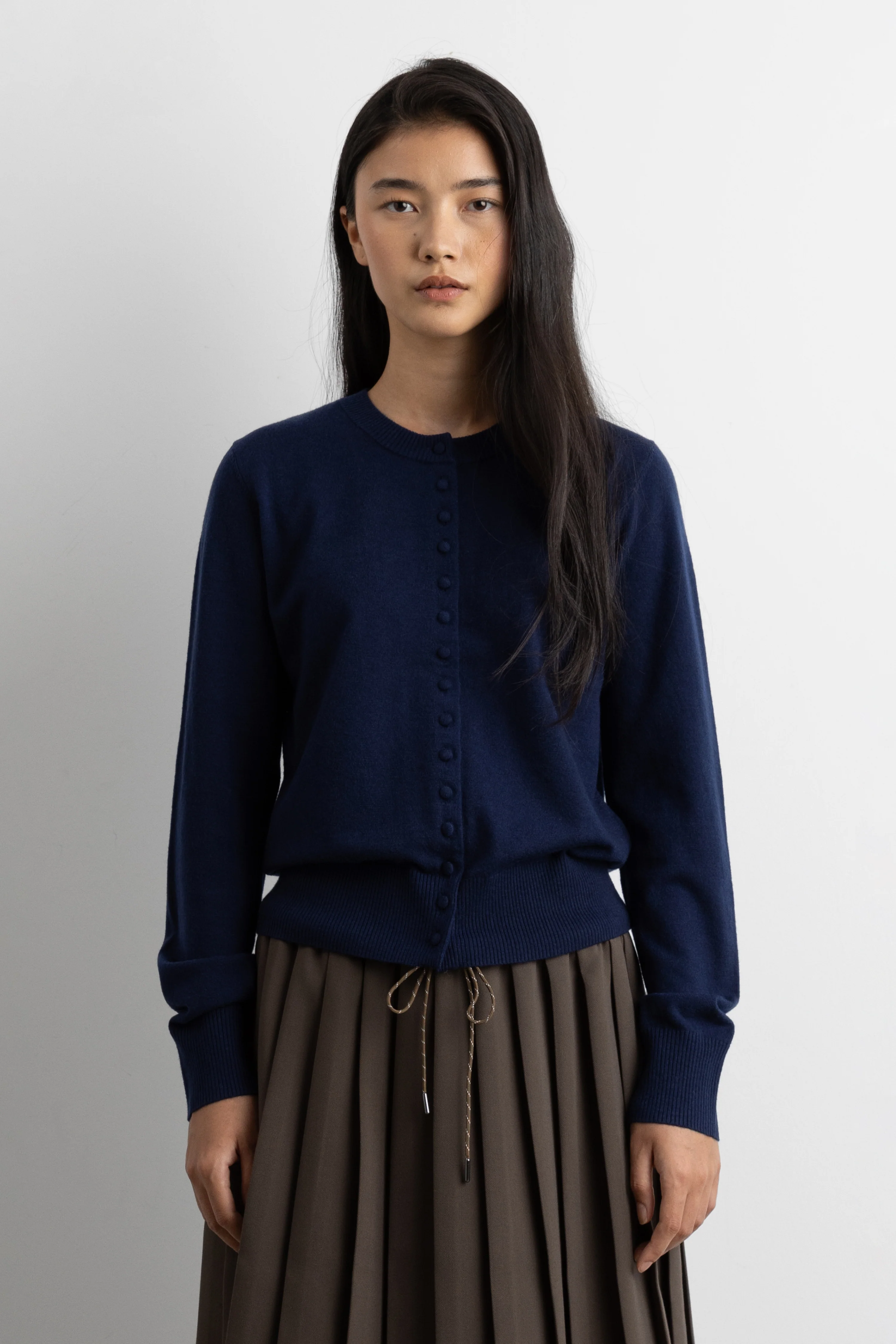 KNIT COVERED BUTTON FRONT CARDIGAN