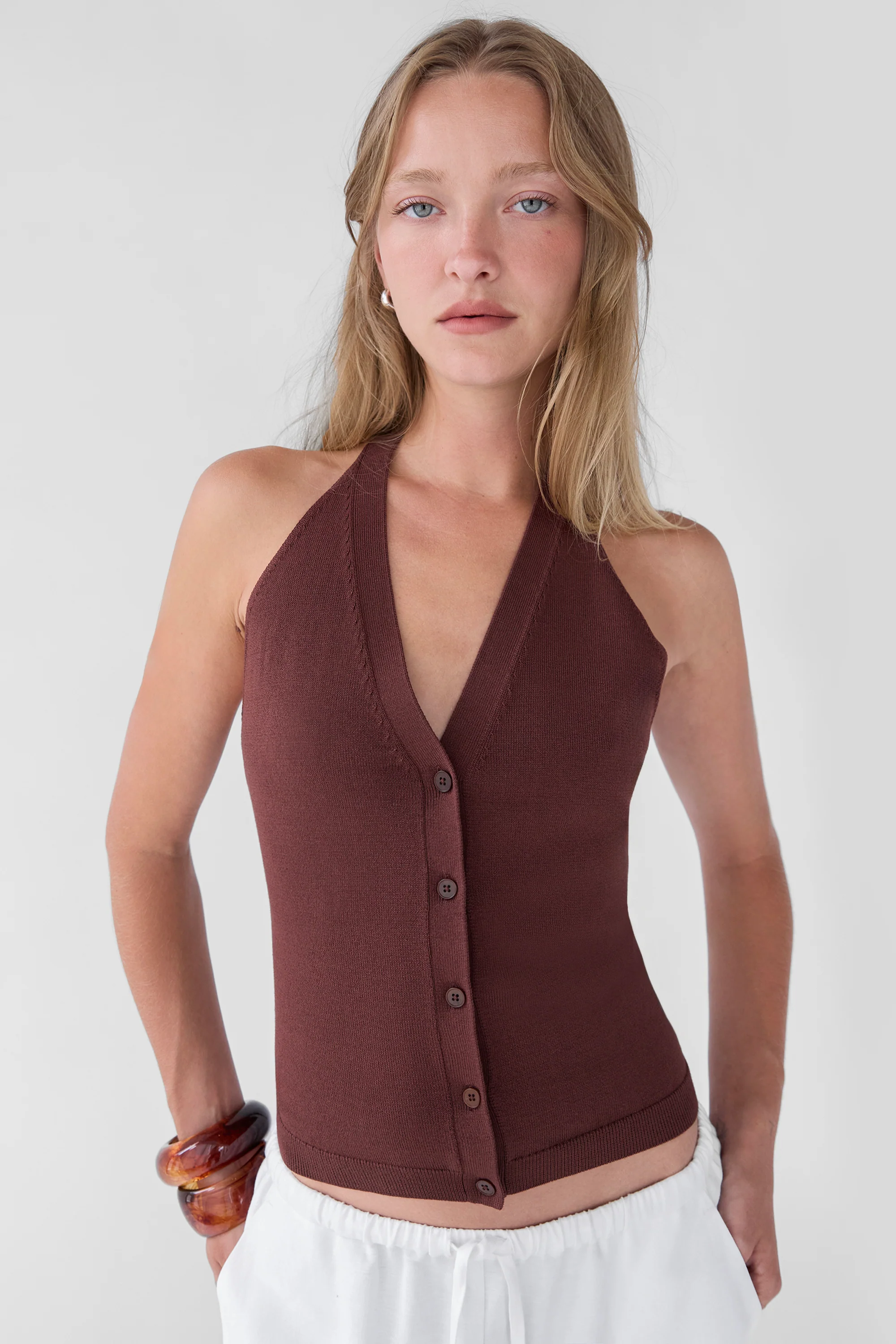 KNIT HALTER BUTTON FRONT TANK