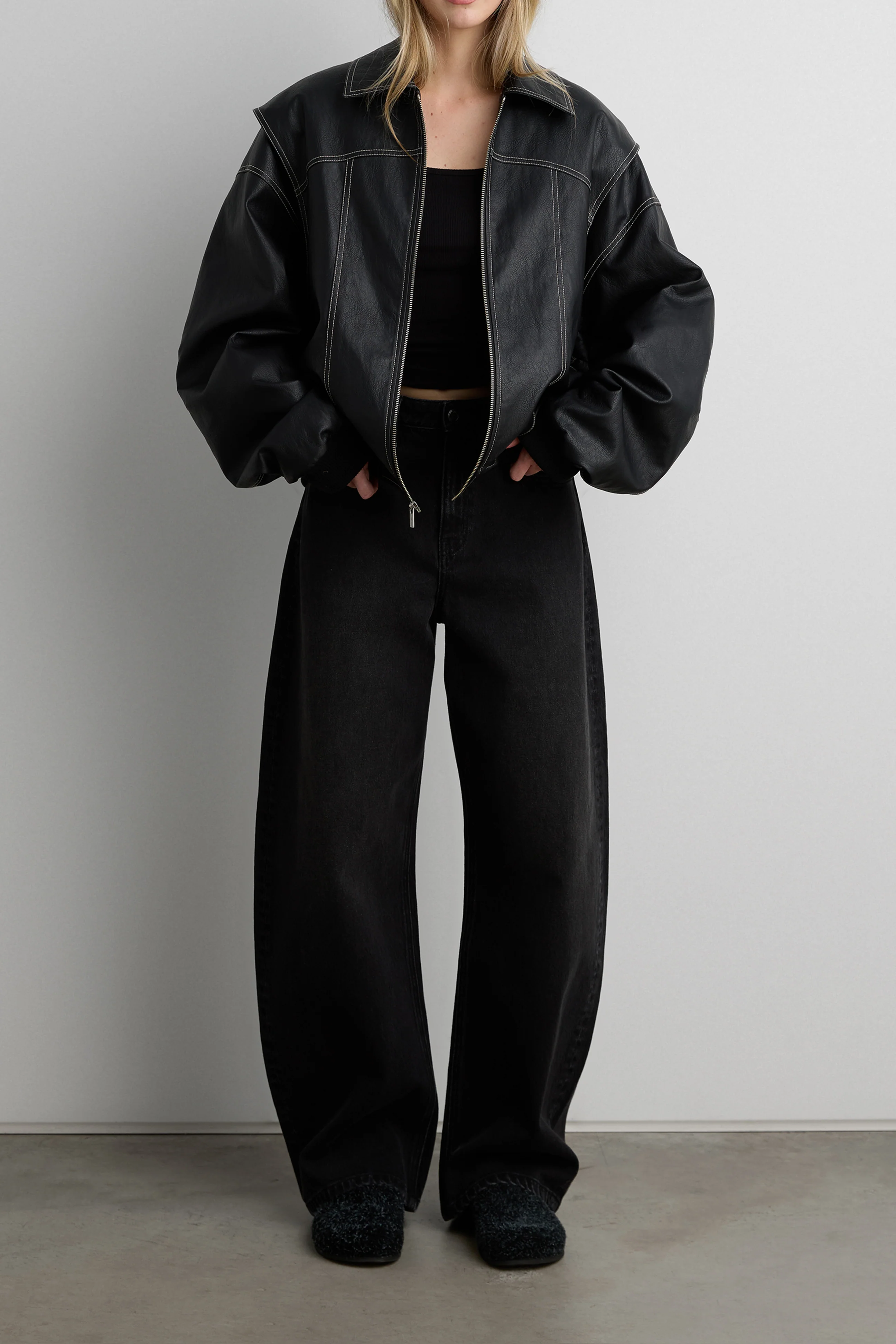 LAYERED DETAIL CONTRAST STITCH VEGAN LEATHER BOMBER - Image 3