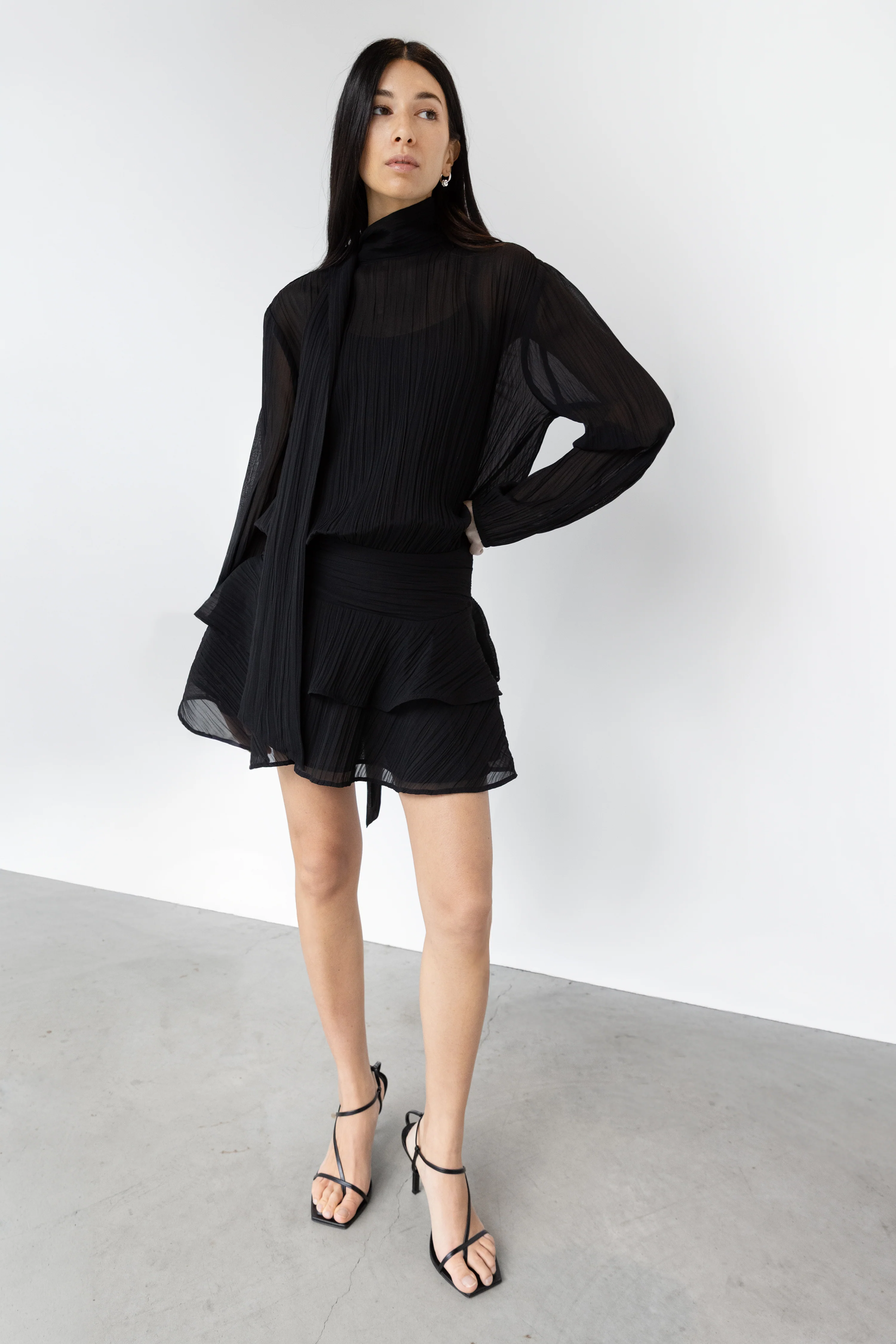 MOCKNECK LONG SLEEVE SHEER RUFFLED MINI DRESS - Image 3