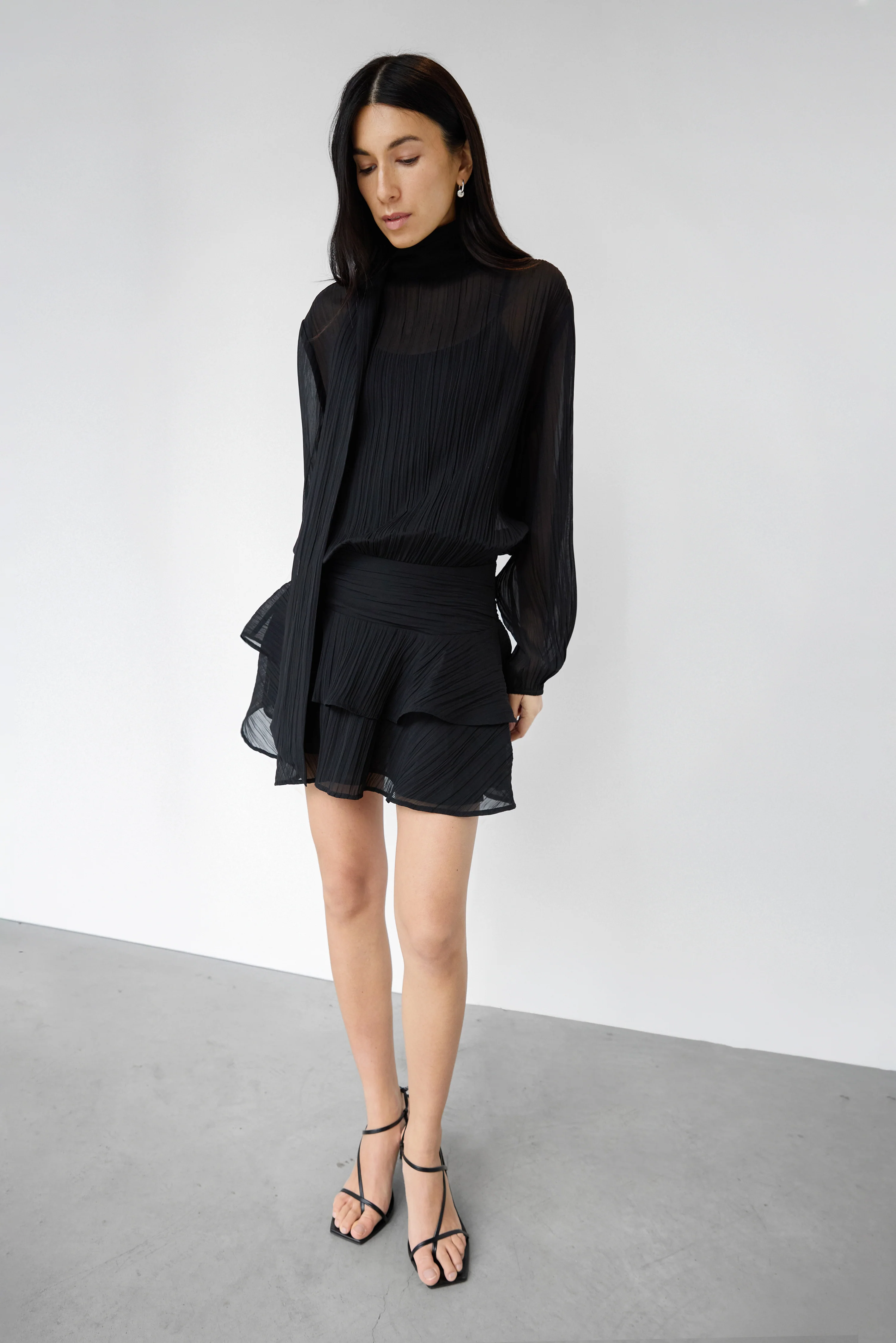 MOCKNECK LONG SLEEVE SHEER RUFFLED MINI DRESS - Image 4