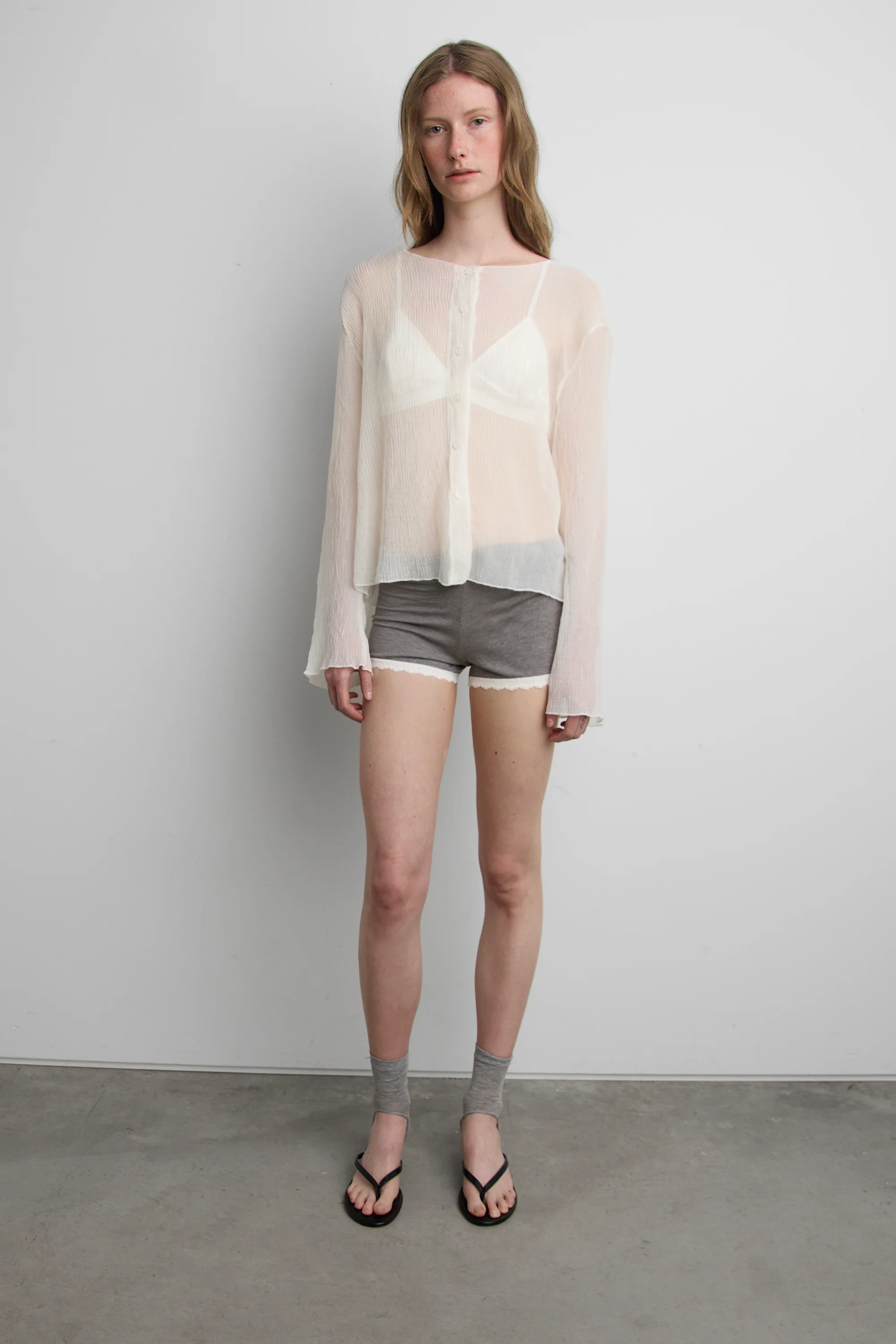 SHEER CRINKLE EFFECT BUTTON-UP CARDIGAN