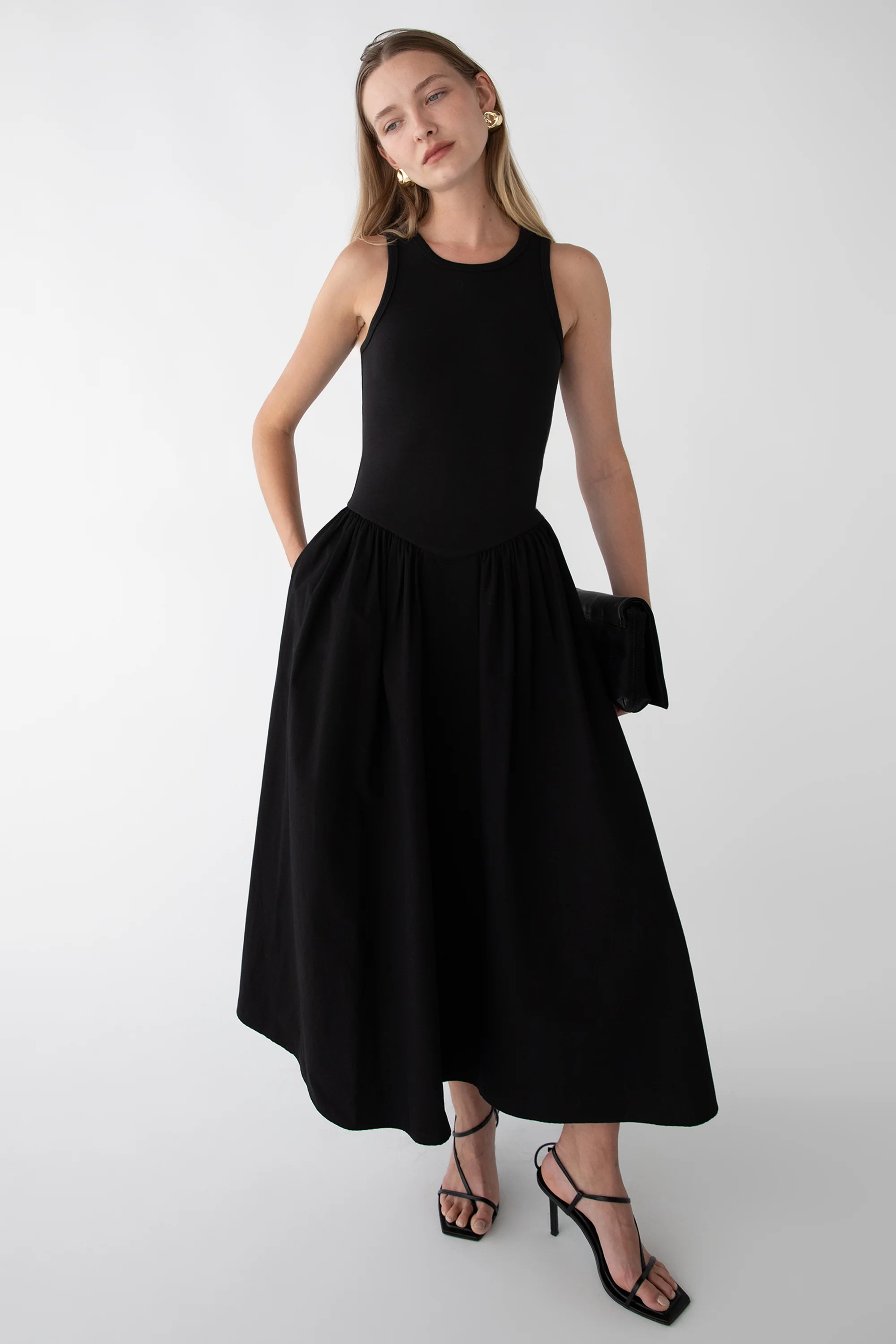 POPLIN RIB-KNIT DROP WAIST MIDI DRESS - Image 5