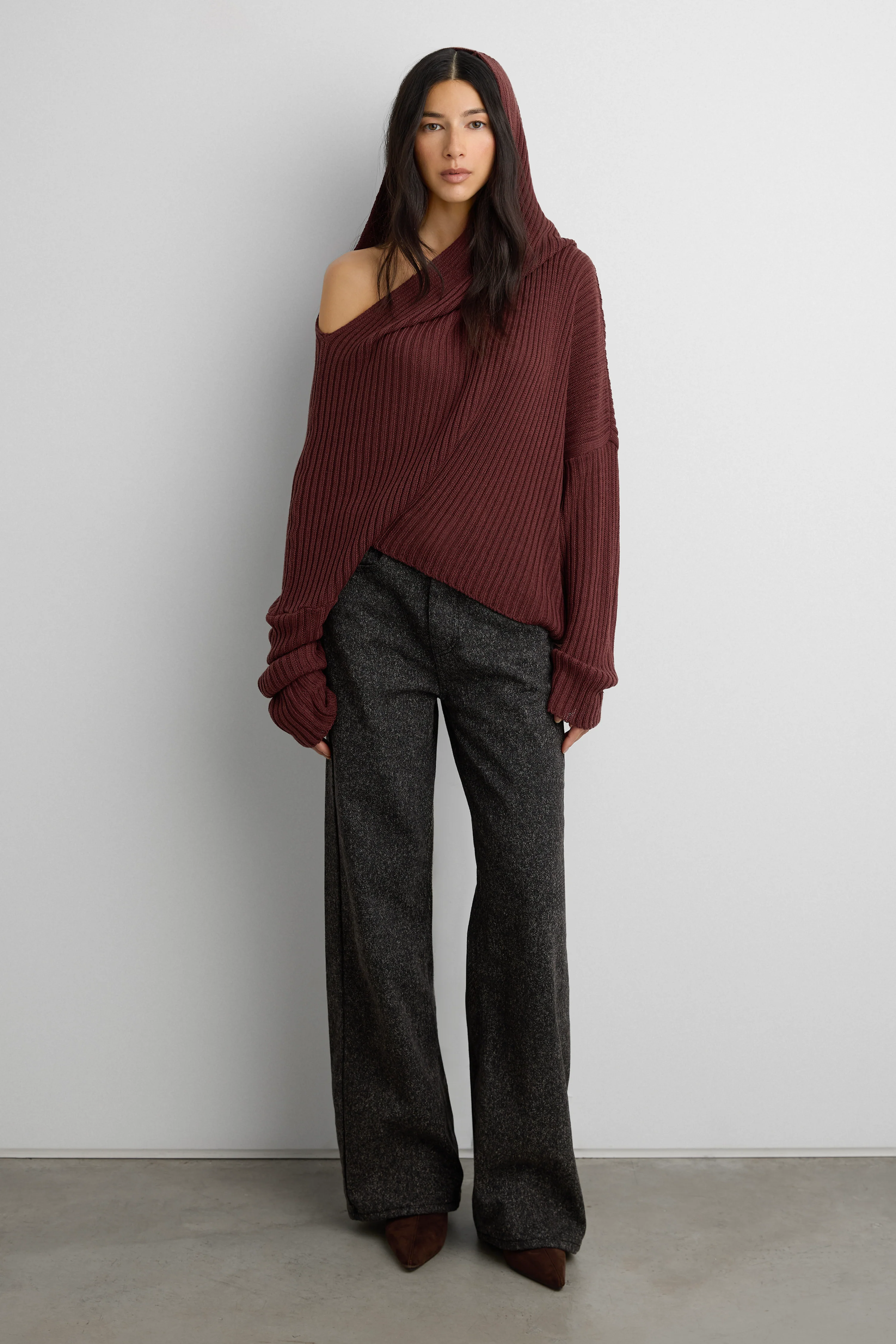 SLOUCHY OFF THE SHOULDER KNIT HOODIE